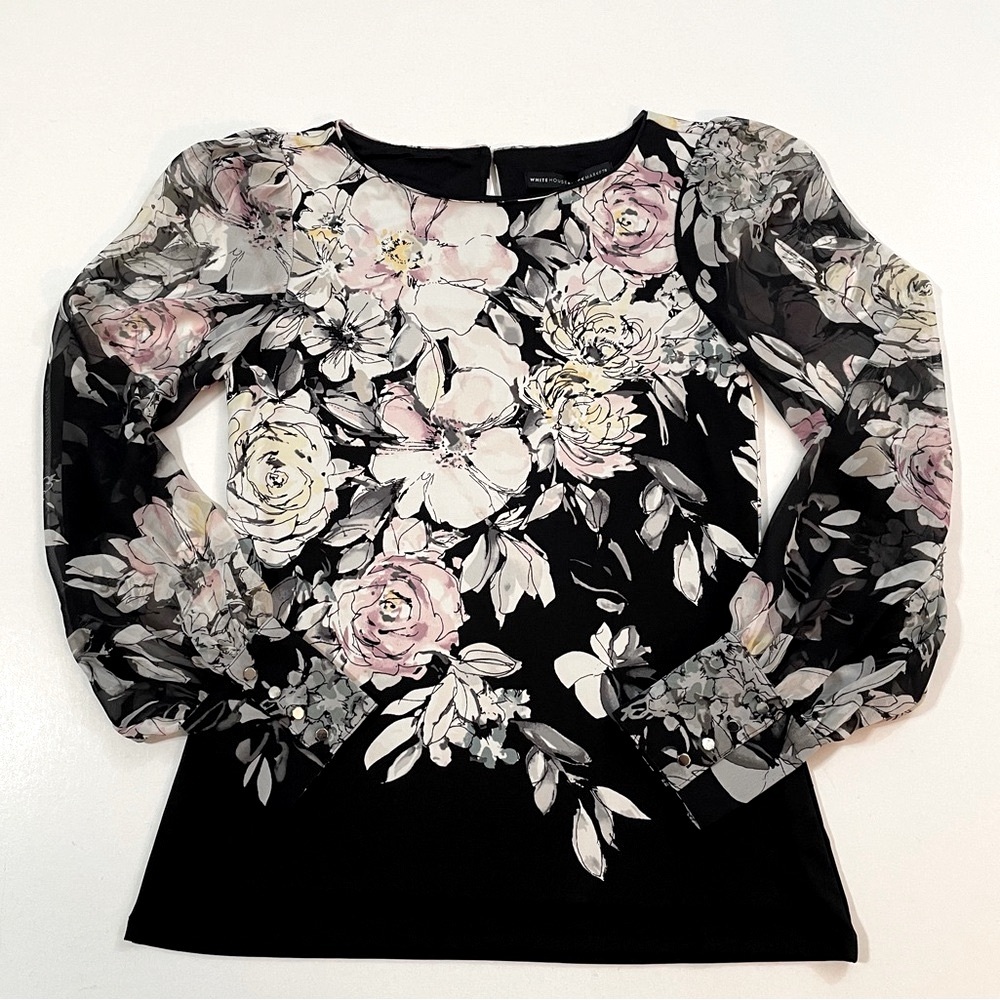 White‎ House Black Market Floral Sheer Sleeve Boat Neck Top XXS New 570285667